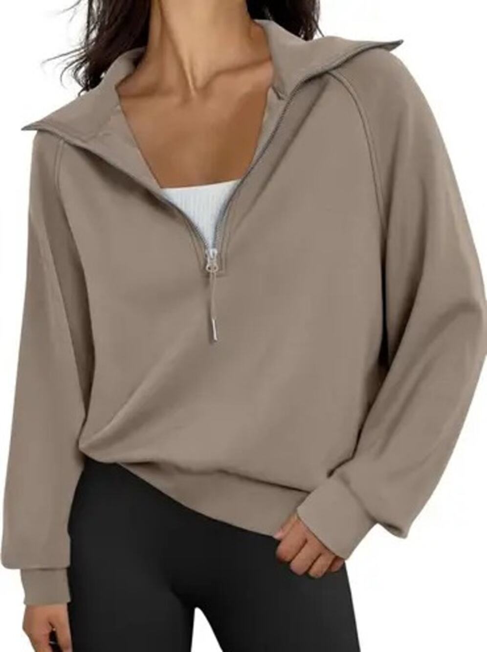 Trendy Queen Half-Zip Pullover Sweatshirt Taupe Long Sleeve Relaxed Fit Size M